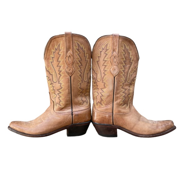 Old West Shoes - VINTAGE Old West Tan Leather Embroidered Cowgirl Western Heeled Boots SZ 6